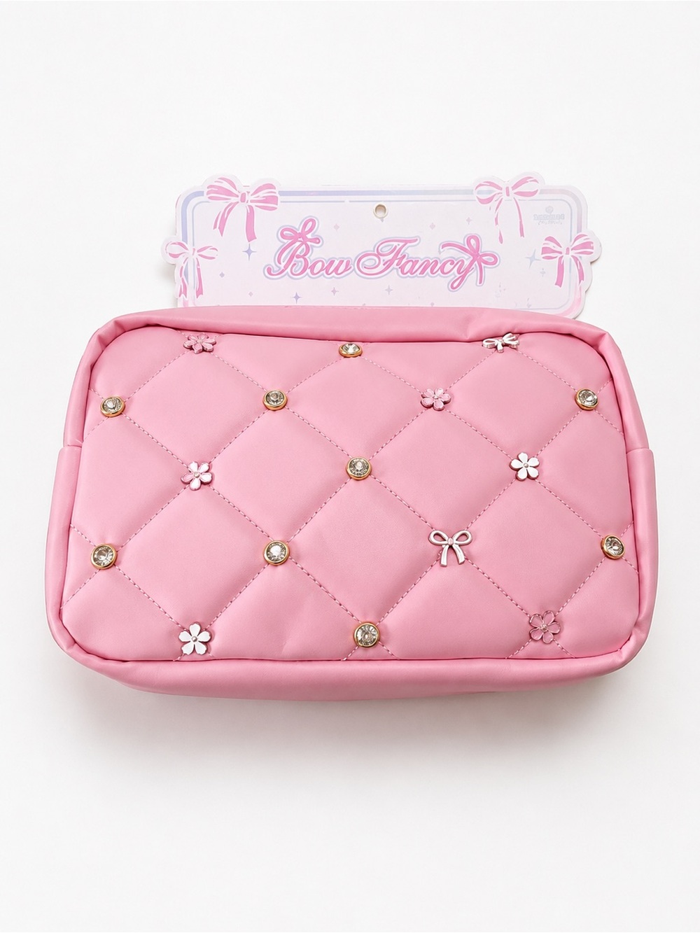 Bow Fancy Quilted Pink Cosmetic / Makeup Bag NWT